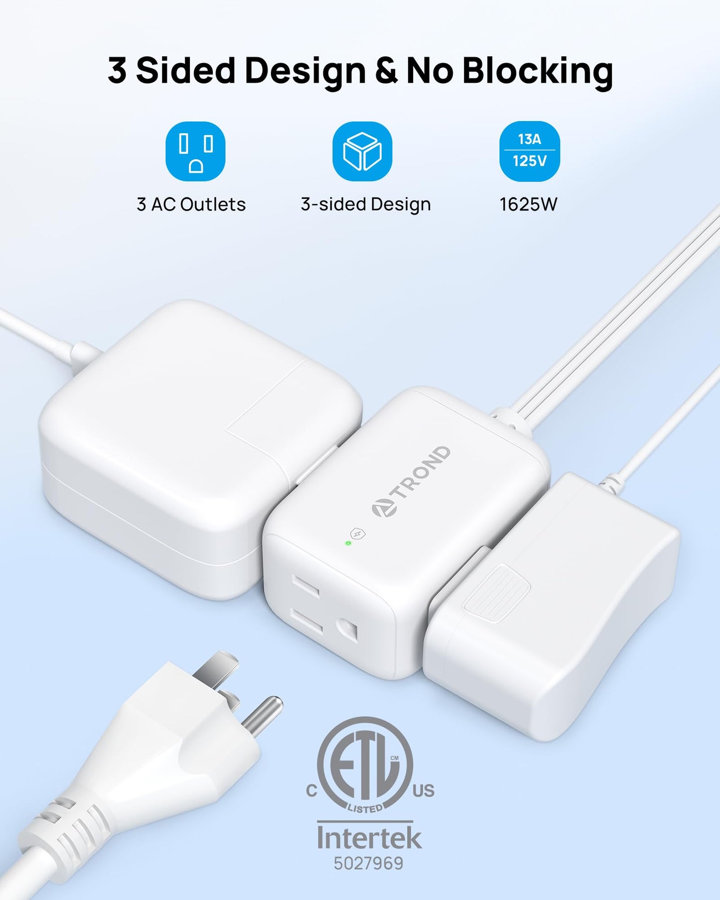 TROND 360° Rotating Flat Plug Extension Cord Surge Protector 1.5ft, Small Power Strip with 900 Joules, 3 Side Grounded Outlets, 13A, SPT 16/3 Gauge Wire for Indoor Home Office Dorm Room Travel, White
