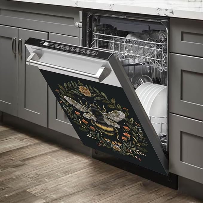 Flower and Bee Pattern Dishwasher Magnetic Cover Sticker Refrigerator Fridge Magnet Panel Decal Magnets Home Kitchen Fridge Front Door Cover 23W x 17H inchs