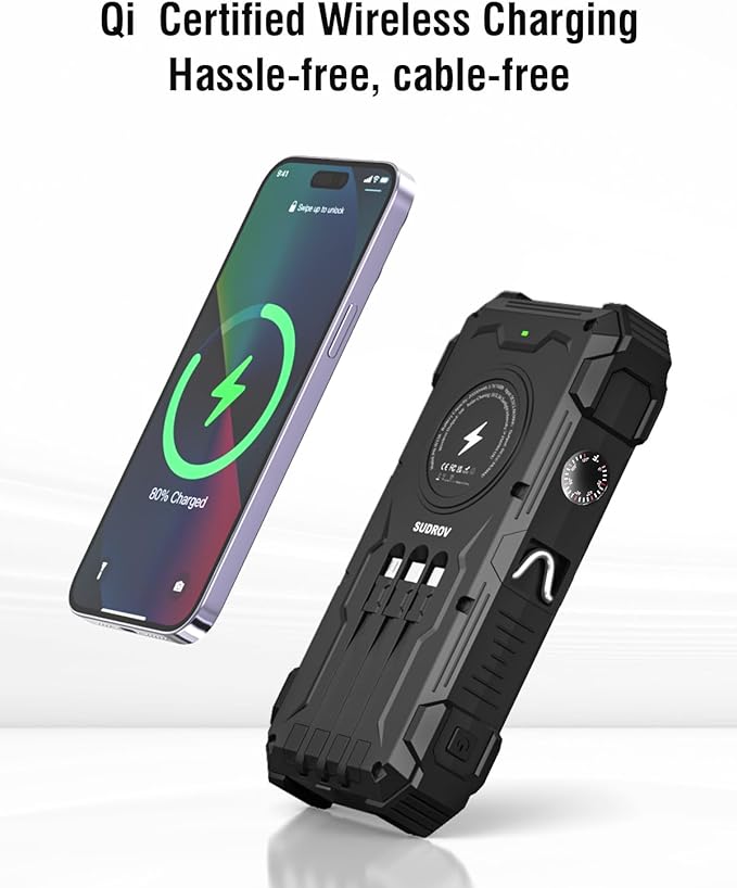 Sudrov Solar Charger Power Bank, 20000mAh Wireless Portable Charger with USB-C in/Output, QC3.0 Fast Charging 15W 4 Ports Outdoor Battery Pack Built-in Dual Led Flashlights for iPhone Samsung etc