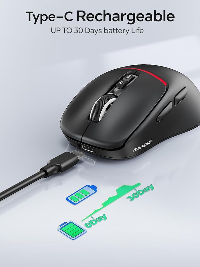 RAPIQUE Bluetooth Wireless Mouse, Dual Bluetooth + 2.4G, Connect Up to 3 Devices, USB-C Rechargeable, Quiet Click, 4 DPI Levels up to 3200, Ergonomic Right-Hand Design for PC, MacBook, Laptop - Black
