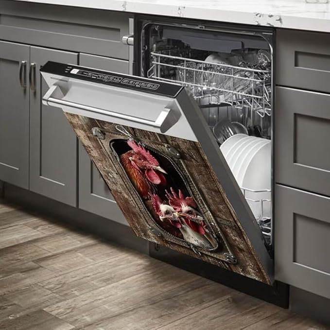 Appliance Art Wood Board and Rooster Wallpaper Dishwasher Cover, Magnetic Panel Decals, Home Appliances Cabinet Magnets Sticker, 23W x 26H inchs