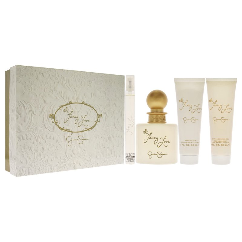Fancy Love by Jessica Simpson for Women - 4 Pc Gift Set 3.4oz EDP Spray, 0.34oz EDP Mini Spray, 3oz Body Lotion, 3oz Bath & Shower Crème