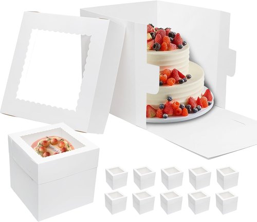 Mcfleet Cake Boxes - 10 Inch Tall Disposable Bakery Containers with Window | White 10-Pack for Events
