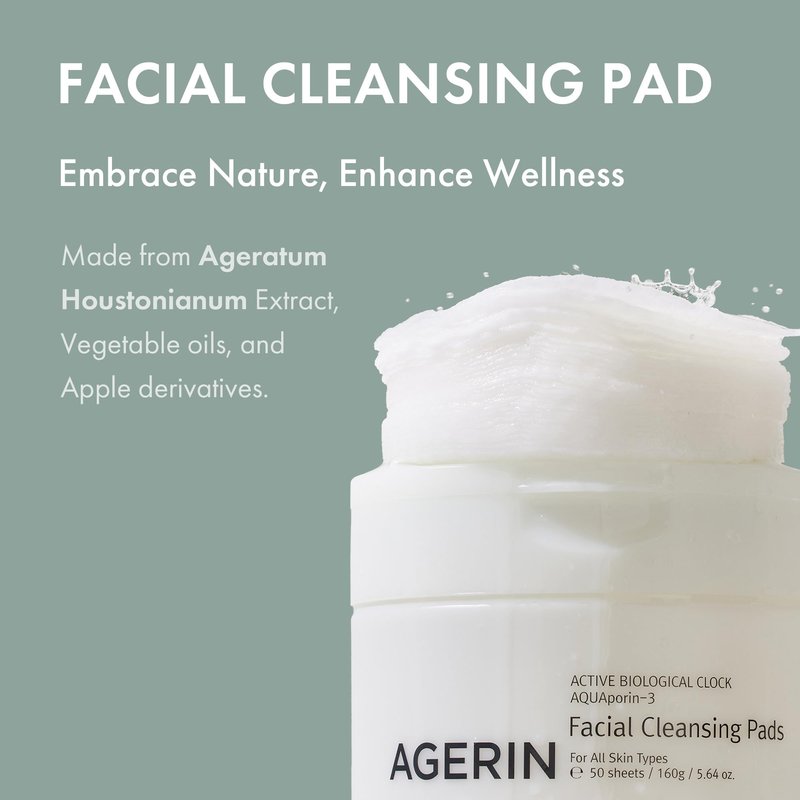 AGERIN Facial Cleansing Pads - Daily Oil & Makeup Remover Cotton Pads, Gentle Cleansing, Hydrating, Dirt & Impurities Removal Without Tugging - Vegan, Non-Irritating, 50pads