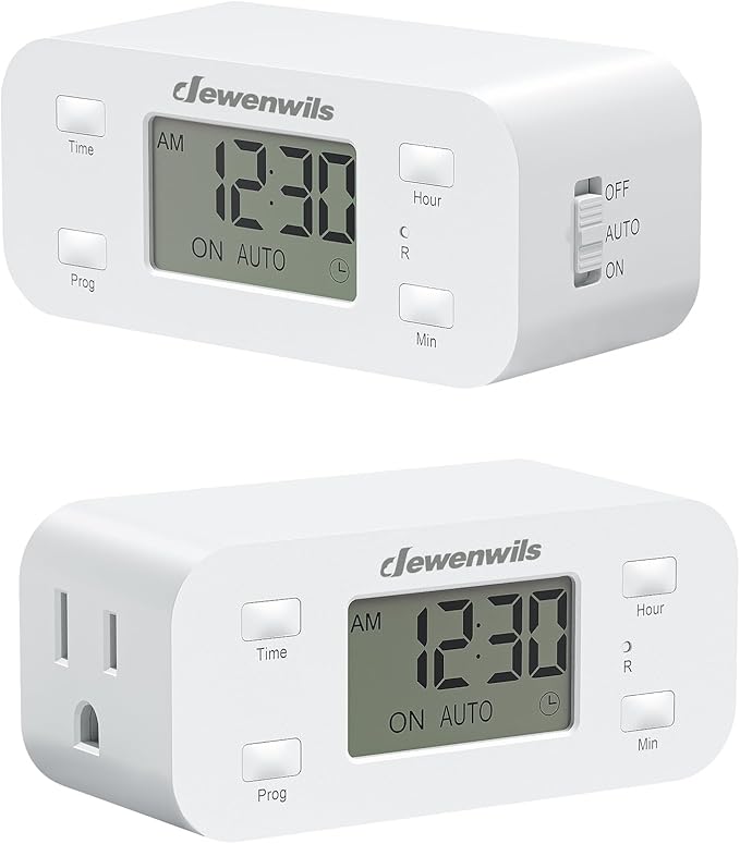 DEWENWILS 24 Hour Programmable Digital Timer Outlet, 2 Pack Timers for Electrical Outlets, Light Timer for Indoor Lamp Fan Aquarium, 1 Grounded Outlet, 125V/15A/1000W, 3 Prong, 1/2 HP,White