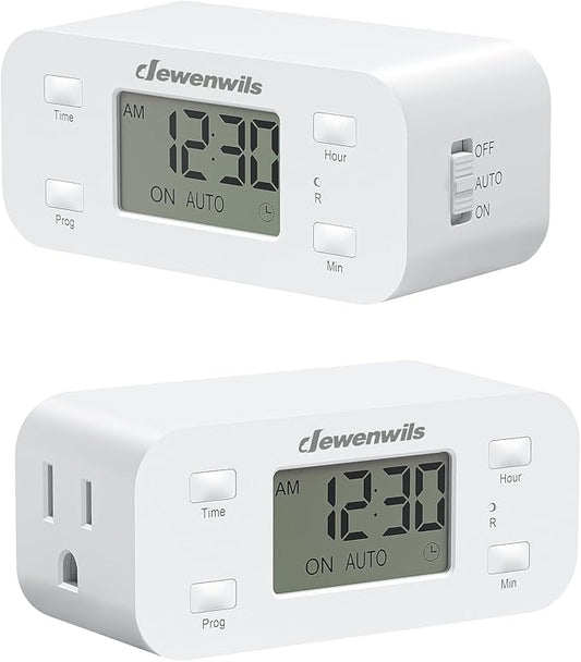 DEWENWILS 24 Hour Programmable Digital Timer Outlet, 2 Pack Timers for Electrical Outlets, Light Timer for Indoor Lamp Fan Aquarium, 1 Grounded Outlet, 125V/15A/1000W, 3 Prong, 1/2 HP,White
