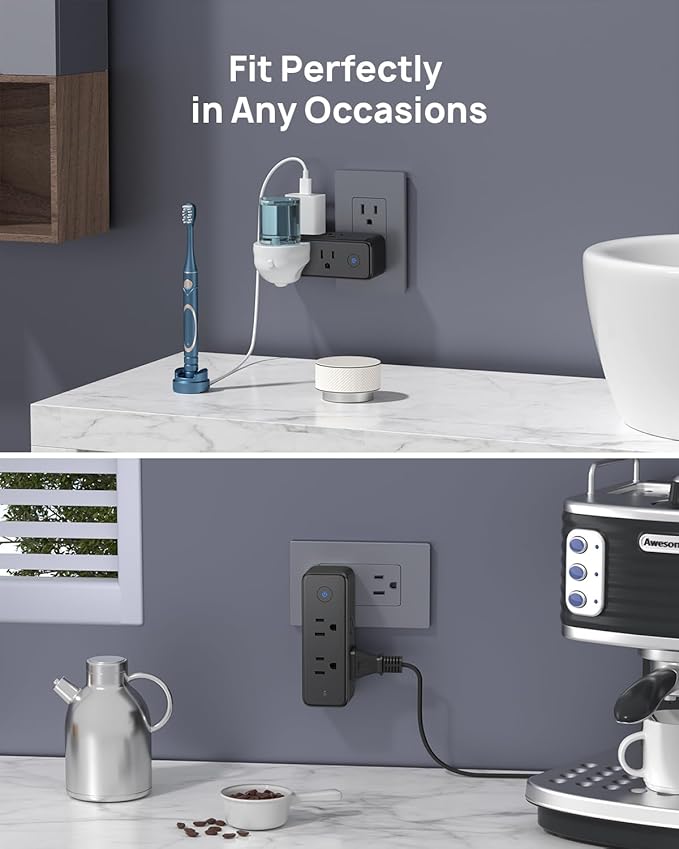 TROND Outlet Extender Surge Protector - 6 AC Outlet Splitter with 360° Rotating Plug, 1440J Multi Plug Expander, 3 Way Charging Station, Wall Adapter for Bathroom Kitchen Travel, Black