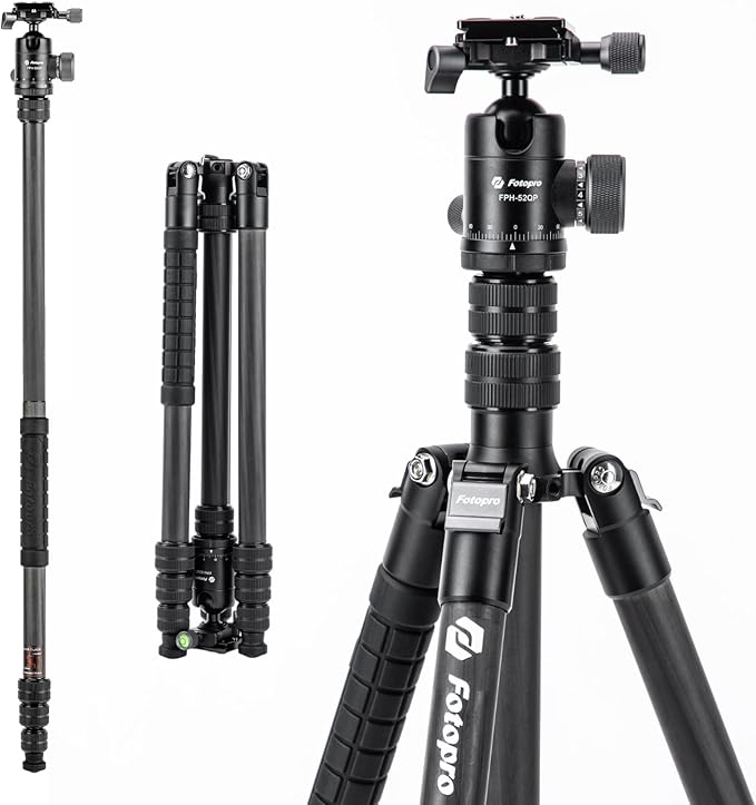 Fotopro 73"/185cm Carbon Fiber Travel Tripod for Camera, 360° Panorama Ball Head, Arca Quick Release Plate, Portable Bag, Compact Travel Tripod Monopod for DSLR Camera Camcorder, Load up to 22lbs/10kg