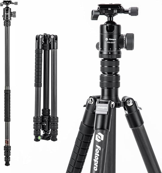 Fotopro 73"/185cm Carbon Fiber Travel Tripod for Camera, 360° Panorama Ball Head, Arca Quick Release Plate, Portable Bag, Compact Travel Tripod Monopod for DSLR Camera Camcorder, Load up to 22lbs/10kg