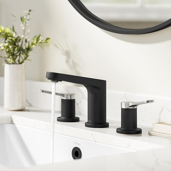 KRAUS Indy Widespread Bathroom Faucet in Spot-Free Brushed Nickel/Matte Black with 2 Handles, Pop Up Drain and Supply Lines, FUS-14103SFBNMB