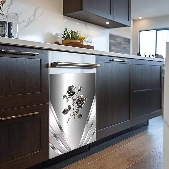 Magnetic Dishwasher Stickers Cover for Front Door,Stainless Steel Design Flower Pattern Refrigerator Magnetic Cover Kitchen Decorative,Home Appliance Vinyl Sticker 23W x 26H inchs