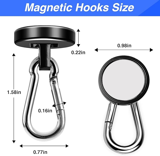 LOVIMAG Strong Magnetic Hooks, 12 Pack Magnetic Hooks Heavy Duty 70LBS Strong Neodymium Magnets with Carabiner Hook, Magnet Hooks with Swivel for Kitchen, Hanging, Cruise, Grill, Refrigerator - Black