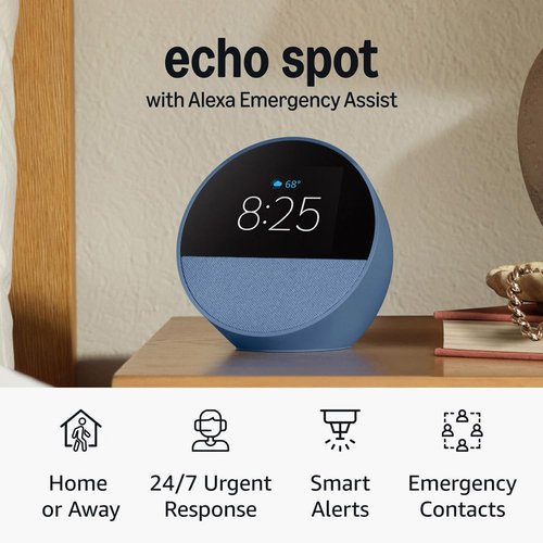Echo Spot by Amazon - Smart Alarm Clock with Alexa | Ideal for Nightstands & Offices | Ocean Blue