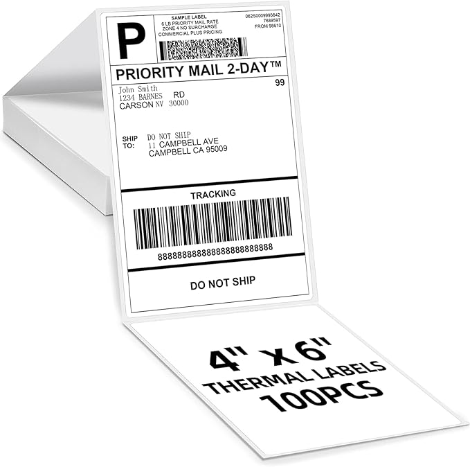 Omezizy 4x6 Thermal Labels, Pack of 100 4x6 Fold Thermal Labels - Compatible with JADENS, ASprink, Phomemo, Rollo, Zebra, Omezizy and Other Thermal Printers