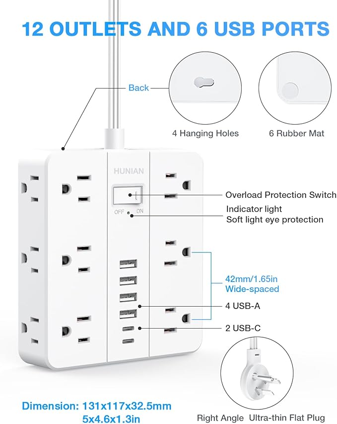 Extension Cord Power Strip 15 Ft Cord, HUNIAN Flat Plug Extension Cord with 12 Widely Spaced Outlets 6 USB Charger (2 USB C Ports), Desk Charging Station for Home Office Supplies, Dorm Room, White
