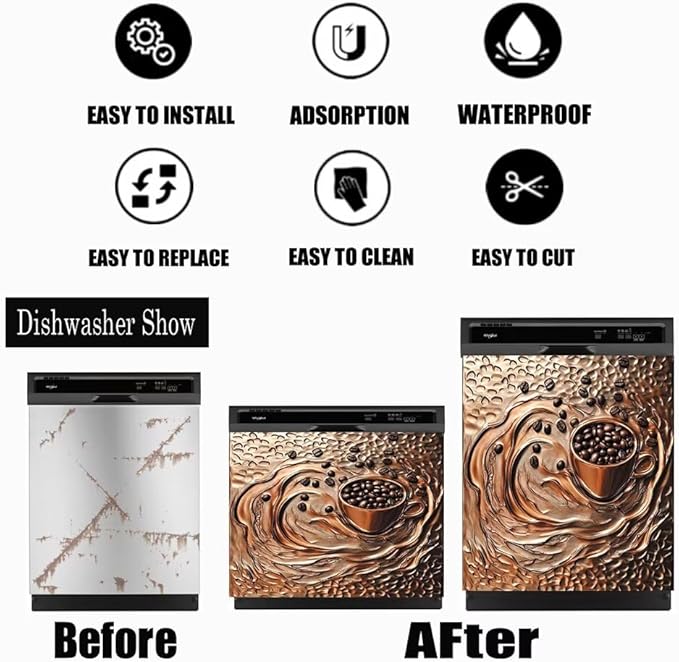 Coffee Copper Relief Effect Dishwasher Magnetic Cover for Door Front 23x17 Inch Dish Washer Magnet Panel Decal for Fridge Home Appliance Kitchen Decoration