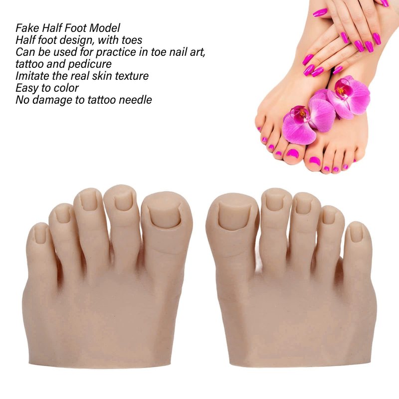 Practice Fake Foot for Nail Practice, 1 Pair Flexible Soft Silicone Prosthetic Manicure Tool Fake Foot Model with Half Foot Design, Silicone Fake Foot for Nails Training Display (Dark Skin Color)