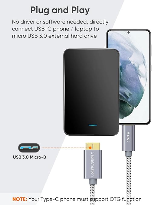 CableCreation USB C to Micro B Short Cable 2FT, 10G Micro B to USB C 3.1 External Hard Drive Cable for iPhone 15/16/17,Samsung Galaxy S24,Seagate WD Westgate My Passport,MacBook Pro/Air, iPad/Tablet
