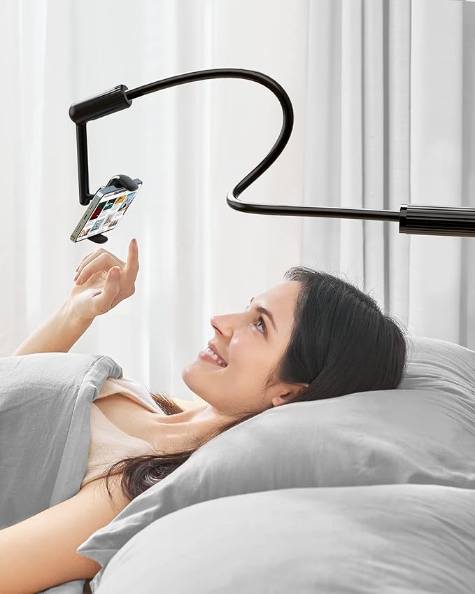 SAIJI Gooseneck Phone Holder for Bed, 360° Rotate Support Rod One-Hand Adjustable Cell Phone Stand, Compatible with All 4.7-7" Devices (White)