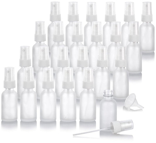 JUVITUS (24 pack) 1 oz Clear Frosted Glass Boston Round Bottle with White Fine Mist Spray + Funnel