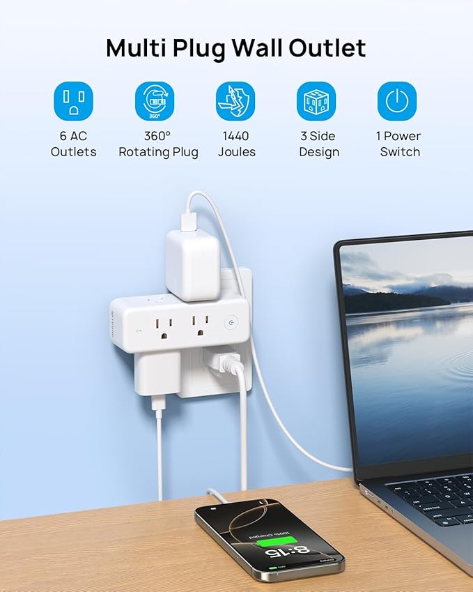 TROND Outlet Extender Surge Protector - 6 AC Outlet Splitter with 360 Rotating Plug, Multi Sockets Wall Expander with Power Switch, 1440J, 3 Way Plug Adapter for Home Bathroom Kitchen Office Dorm