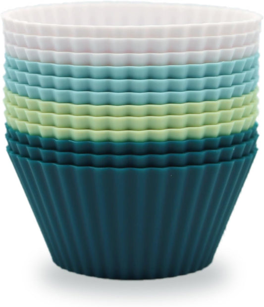 Skiennix Silicone Baking Muffin Cups - 12 Pack Reusable Cupcake Liners | BPA Free & Dishwasher Safe (White, Green, Navy, Dusty Blue)