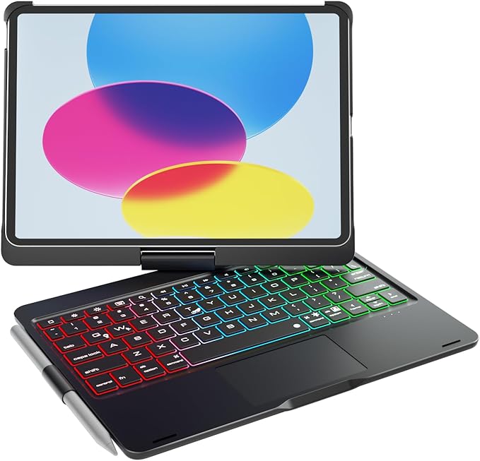 doqo Keyboard Case for iPad 11th (A16,2025) & iPad 10th (2022) 11-inch, 360° Rotating Wireless Keyboard with Multi-Touch Trackpad, 7-Color Backlit Slim Protective Cover (Black)