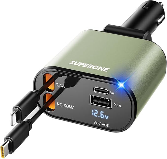 SUPERONE 5 in 1 Retractable Car Charger with Dual Type C Cables, 90W Fast Charging USB C Car Accessories Adapter for iPhone 17/16/15/14/13/12, iPad, Galaxy, Pixel