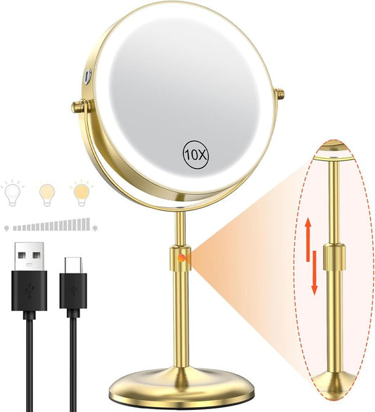 Lighted Makeup Mirror - 7-Inch with 3 Color Lights & 10X Magnification | Adjustable Brightness & Height, 360° Swivel, Gold