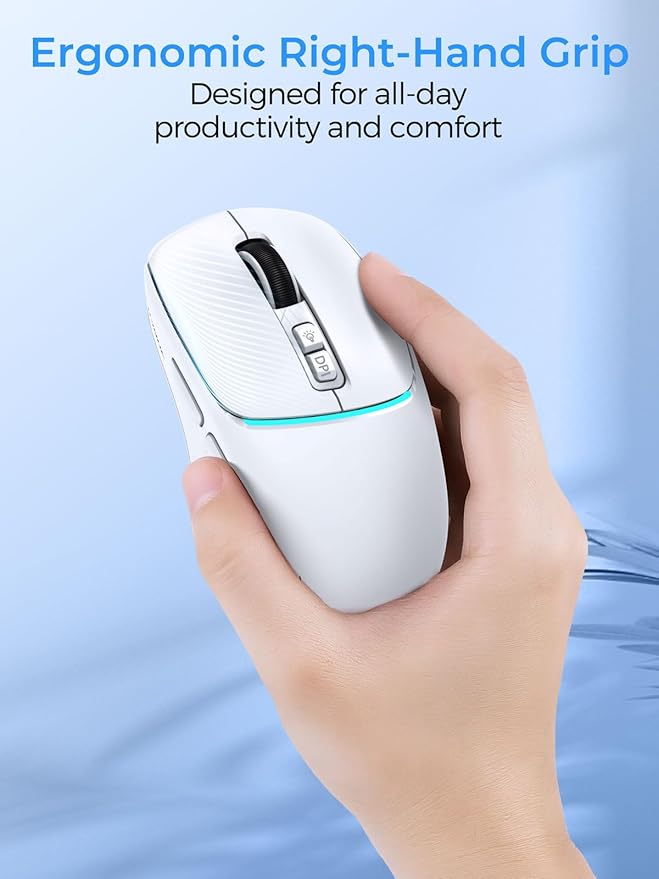 RAPIQUE Wireless Mouse for Laptop, Dual Bluetooth & 2.4G, Multi-Device for 3 Devices, USB-C Rechargeable, Quiet Click, 4 DPI Levels up to 3200, Ergonomic Right-Hand Mouse for MacBook, PC - White