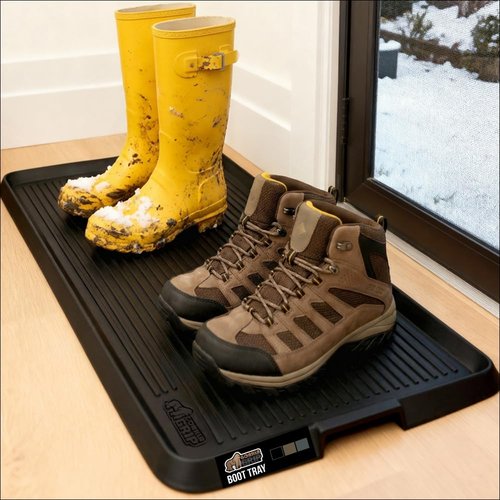 GORILLA GRIP Natural Rubber Indoor Outdoor Boot Tray for Shoes, Waterproof Winter Mat with Raised Edges and Handle, Tear Resistant Heavy Duty Home Garage Floor Mats, Easy Clean Shoe Trays 24x16 Black