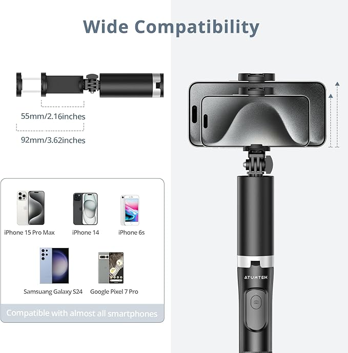ATUMTEK 63" Phone Tripod for iPhone, Extendable Selfie Stick Tripod with Bluetooth Remote, All-in-One Aluminum Phone Selfie Stick for 4”-7” iPhone and Android Smartphones Black