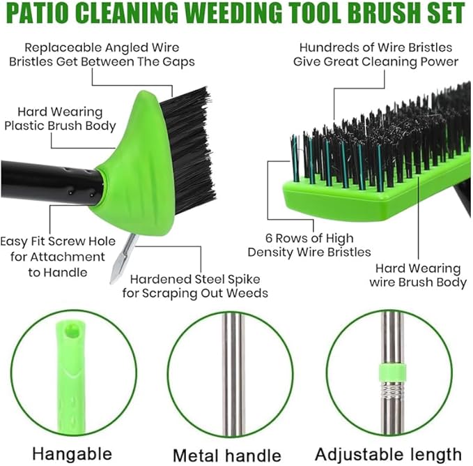 3-in-1 Weed Brush Tool Set, Adjustable Long Handle Crack Weeder & Moss Remover for Driveway, Patio, Sidewalk - Stainless Steel Crevice Cleaning Kit (1 Set)