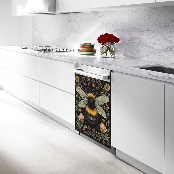 Flower and Bee Pattern Dishwasher Magnetic Cover Sticker Magnetic Refrigerator Full Door Cover Sticker Kitchen Decor Panel Decal 23W x 26H inchs