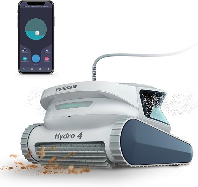 Poolmate Hydro 4 Pool Robot, Pool Vacuum for Inground and Aboveground Pools, Floor, Wall and Waterline Cleaning and Scrubbing, Smart WiFi and Blutooth App Control, 50' Cord,Top Load Filter Basket