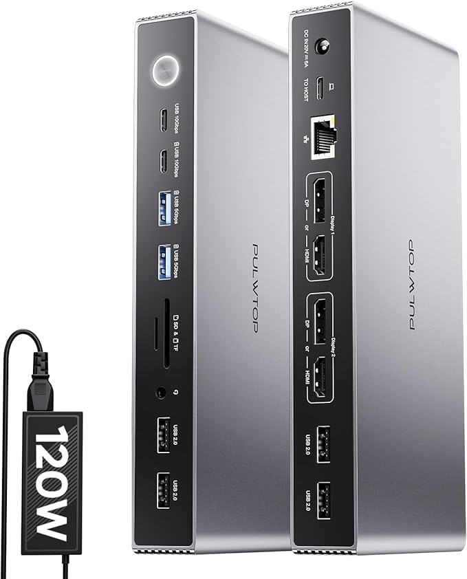 PULWTOP Displaylink Docking Station, USB C Docking Station Dual Displays for MacBook M1/M2/M3/M4 Windows, 4K@60Hz Displaylink Dock with 2 HDMI, 2 Display Port, 2USB C Data, 6 USBA, Ethernet, Audio