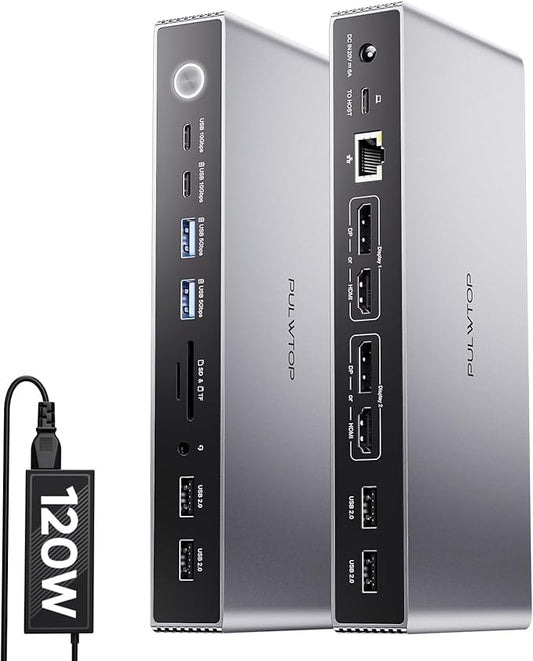 PULWTOP Displaylink Docking Station, USB C Docking Station Dual Displays for MacBook M1/M2/M3/M4 Windows, 4K@60Hz Displaylink Dock with 2 HDMI, 2 Display Port, 2USB C Data, 6 USBA, Ethernet, Audio