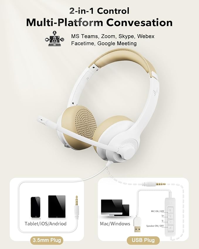 JIAMQISHI USB Headset with Microphone for PC, On-Ear Computer Laptop Headphones with Noise Cancelling Mic in-line Control for Home Office Online Class Zoom (USB+3.5mm, White)
