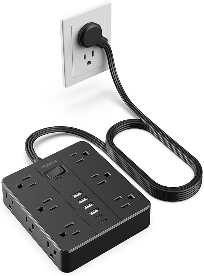 Flat Plug Power Strip, HUNIAN 12 Widely Spaced Outlets with 6 USB Charger (2 USB C Ports), 10 Ft Extension Cord Desk Charging Station for Home Office Supplies, Dorm Room, Black