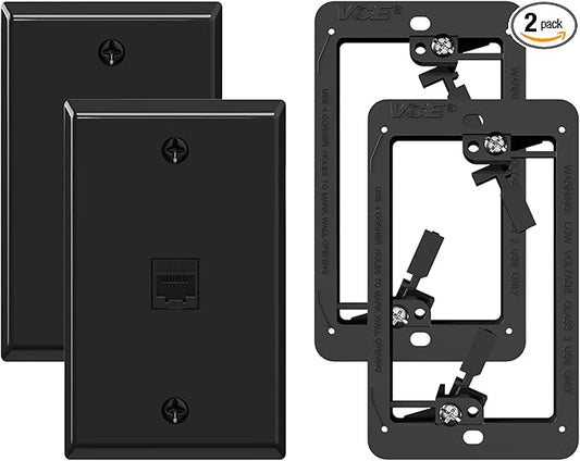 VCE Ethernet Wall Plate (UL-Listed), 1-Port CAT6 Wall Plate and Jack, RJ45 Keystone Wall Outlet with Single Gang Low Voltage Mounting Bracket, Black 2-Pack