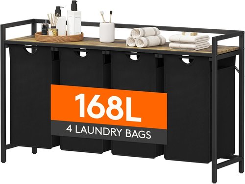 Lifewit Laundry Hamper - 4-Section 168L Clothes Organizer with Removable Bags & Large Top Shelf - Black
