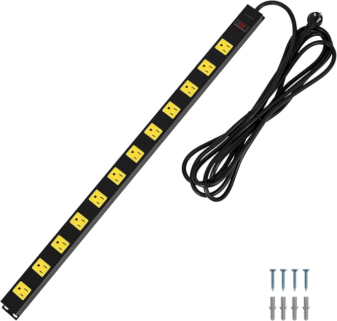 SURAIELEC 12 Outlet Metal Power Strip Surge Protector, 15 FT Heavy Duty Extension Cord, Wide-Spaced Outlets, Flat Plug, 15A Circuit Breaker, Wall Mount Power Bar for Workshop, Garage, Workbench, Shop