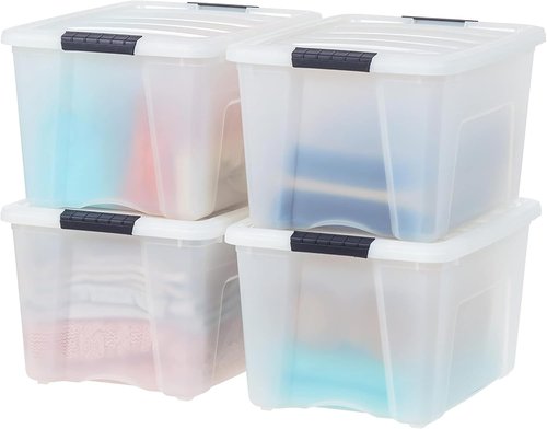 IRIS USA 40 Qt Stackable Plastic Storage Bins - BPA-Free, Durable Lids, 4 Pack | Pearl Color