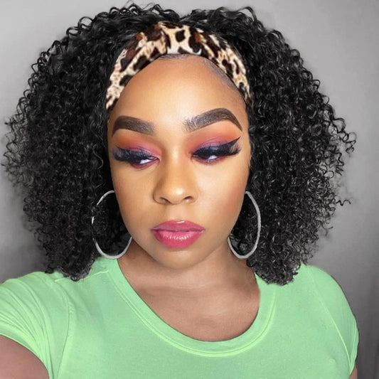 CUUYUN Kinky Curly Headband Wig Human Hair Curly Headband Wigs for Black Women 12 Inch None Lace Front Wigs Machine Made Wigs Glueless Brazilian Curly Human Hair Wig