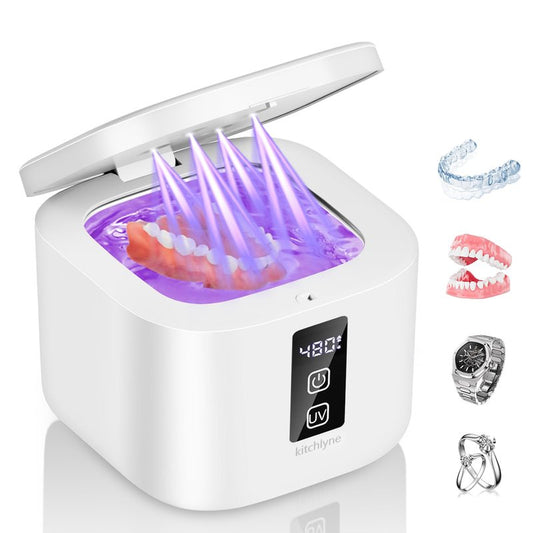 KITCHLYNE 48kHz Ultrasonic Cleaner with Digital Timer - 3 Settings for Dentures, Retainers, Aligners, Mouth Guards, Jewelry, 375ml Tank, 99% Efficiency