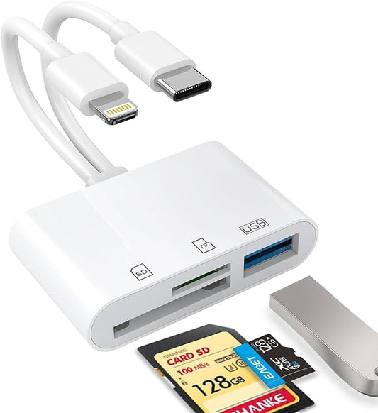 USB C SD Card Reader for iPhone, iPad, Lightning Dual Port SD Card Adapter, Memory Card Readers for Digital Camera Adapters, Support SD, Micro SD, USB3.0, Plug and Play