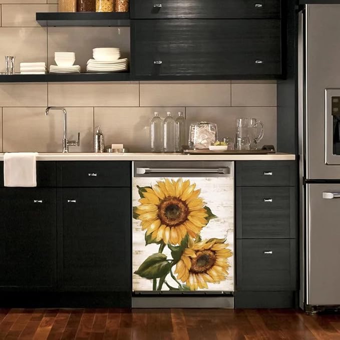 Retro Sunflower Kitchen Sticker Decor Dishwasher Cover Magnet, You are My Sunshine Dish Washer Door Panel Decal Magnetic, Refrigerator Magnet Decal Decor, Magnetic 23"x26"INCH