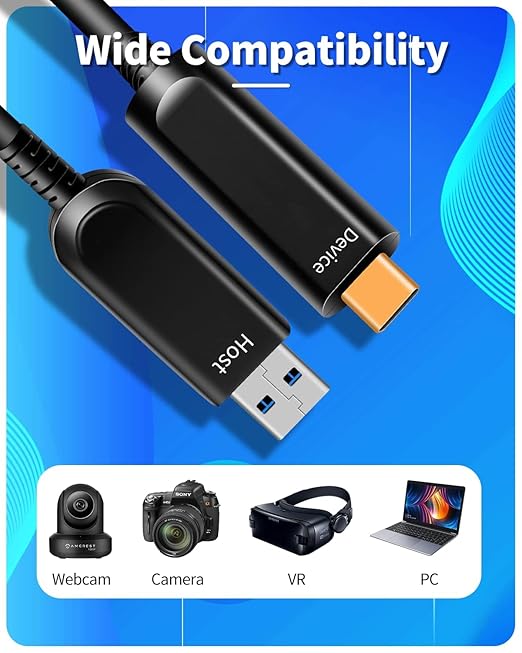 DWLCWY Fiber Optic USB A to USB C Cable(50ft),High Speed 10Gbps USB 3.2 Gen2 Active Optical Cable for VR, Webcam, Laptop,Camera,Projector etc,Grey
