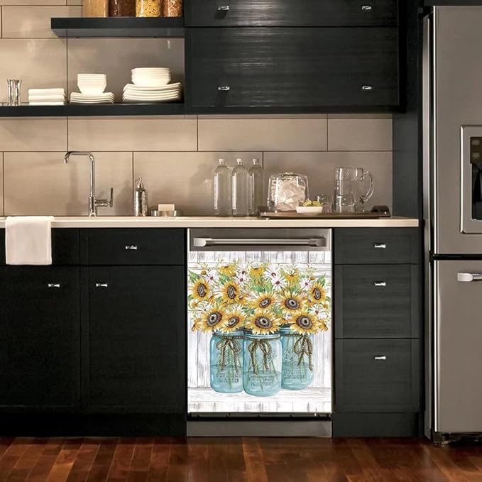 Farm Sunflower Dishwasher Cover Magnet Sticker, Vase Sunflowers Fridge Decal Magnetic Panel, Farm Style Vinyl Home Appliance Cover, Magnetic 23"x26"INCH
