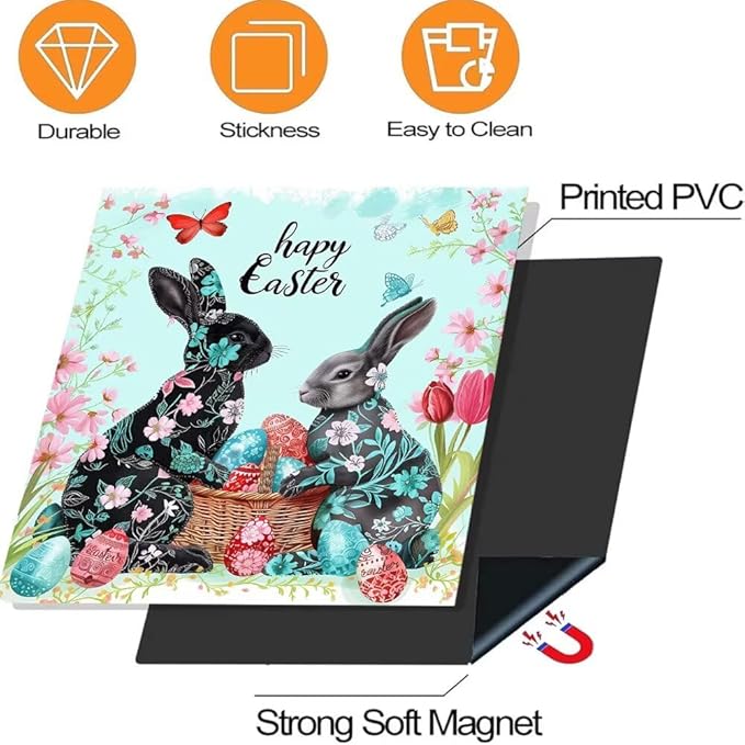 Happy Easter Kitchen Decor Dishwasher Magnet Cover Decal, Bunny Rabbits with Floral Magnetic Dish Washer Panel Door Vinyl Sticker, Refrigerator Magnets,Easy to Clean, 23 x 26 inch
